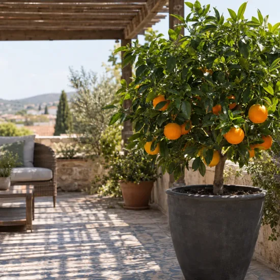 Oranger navel 'Chislett summer navel' (Citrus sinensis) — arbuste fruitier en pot sur terrasse ensoleillée