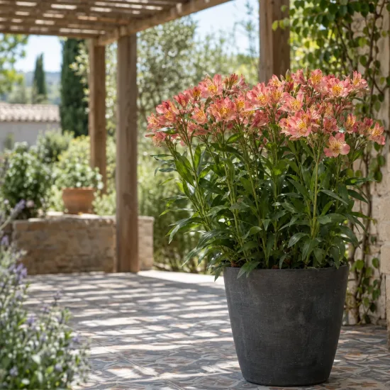 Alstrœmères (Alstroemeria sirius) — grand plant fleuri en pot sur terrasse ombragée · Photo d'illustration