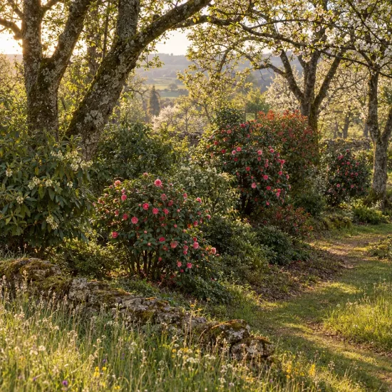 Camélia du japon 'King's ransom rose' (Camellia japonica) — massif d’arbustes fleuris sous de grands arbres