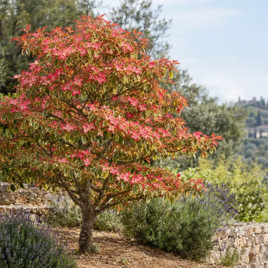 Cornouiller à fleurs américain 'Cherokee sunset' (Cornus florida) — arbre ornemental en fleurs dans un jardin · Photo d'illustration