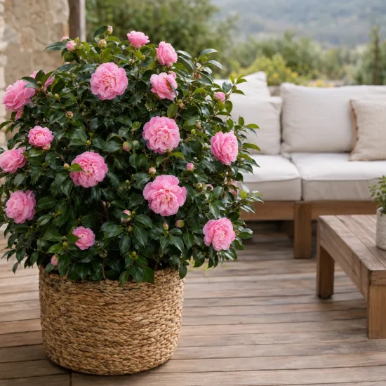 Camélia du japon 'Eldorado rose' (Camellia japonica) — arbuste fleuri en pot sur terrasse en bois · Photo d'illustration