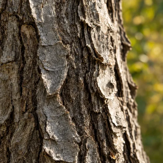 Caryer écailleux (Carya laciniosa) — écorce d'arbre épaisse et profondément crevassée · Photo d'illustration