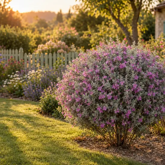 Sauge du désert 'San antonio rose' (Leucophyllum frutescens) — arbuste rond couvert de petites fleurs roses