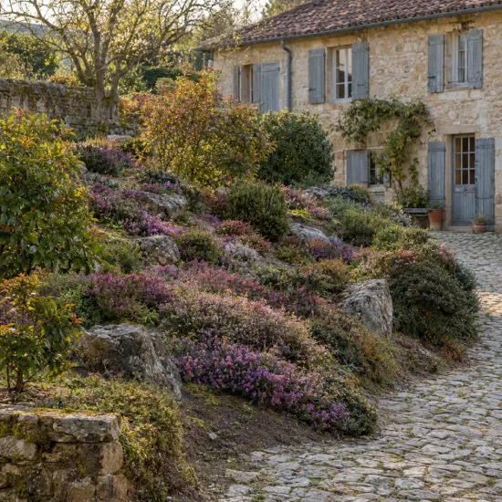 Bruyère 'Spring surprise' (Erica) — massif fleuri sur talus rocailleux devant maison en pierre · Photo d'illustration