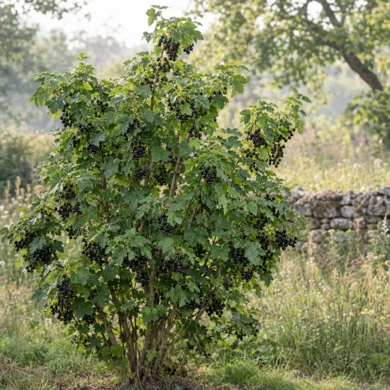 Casseillier anita 'Anita' (Ribes × nidigrolaria) — arbuste fruitier au feuillage dense dans un pré · Photo d'illustration