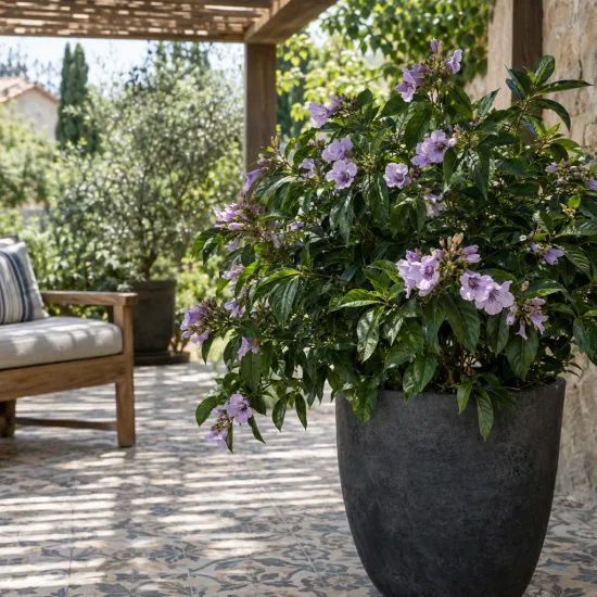 Mackaye élégante (Mackaya bella) — arbuste fleuri en pot sur terrasse ombragée · Photo d'illustration