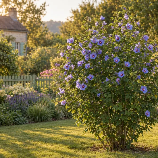 Althéa 'Super blue' (Hibiscus syriacus) — arbuste fleuri isolé dans un jardin ensoleillé · Photo d'illustration