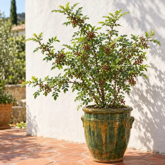 Poivre du sichuan (Zanthoxylum beecheyanum) — arbuste buissonnant à baies rouges en grand pot · Photo d'illustration
