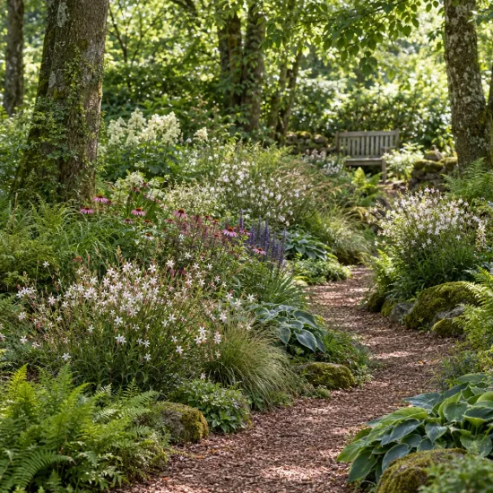 Gaura 'Belleza early white' (Gaura lindheimeri) — massif fleuri le long d'un sentier forestier · Photo d'illustration