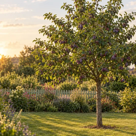 Prunier 'Belle de louvain' (Prunus domestica) — arbre fruitier chargé de prunes dans un jardin · Photo d'illustration
