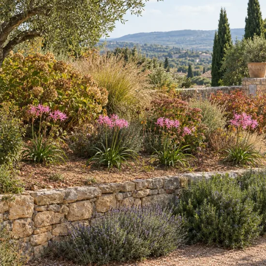Lis de guernesey (Nerine bowdenii) — massifs de fleurs roses dans jardin méditerranéen · Photo d'illustration