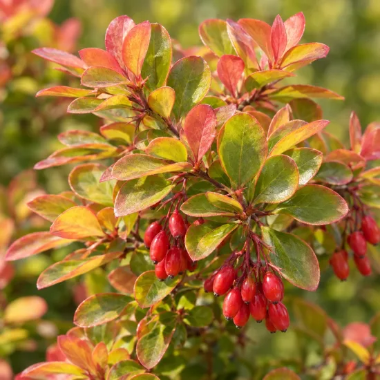 Épine-vinette 'Admiration' (Berberis thunbergii) — rameau couvert de feuilles colorées et de baies rouges