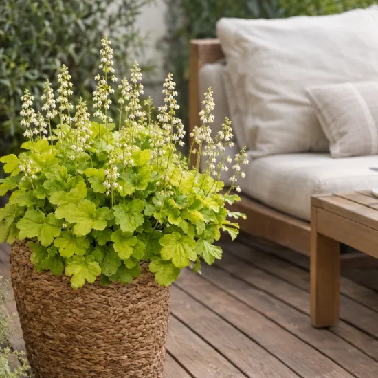 Heuchères 'Lime americano' (Heuchera) — plante feuillue vert clair sur terrasse en bois · Photo d'illustration