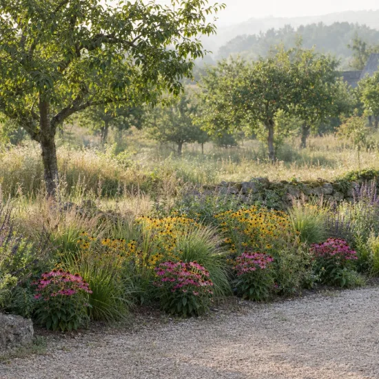 Échinacée 'Rose' (Echinacea panama) — massif fleuri le long d'une allée gravillonnée · Photo d'illustration