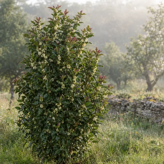 Osmanthe armée 'Selection' (Osmanthus armatus) — arbuste isolé au feuillage dense dans un pré · Photo d'illustration