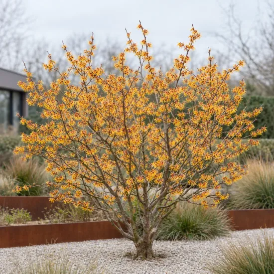 Hamamélis de chine 'Orange beauty' (Hamamelis mollis) — arbuste fleuri jaune dans massif de graviers · Photo d'illustration