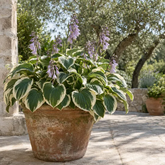 Hosta 'Fortunei patriot' — touffe de feuillage panaché en pot terracotta avec hampes fleuries · Photo d'illustration