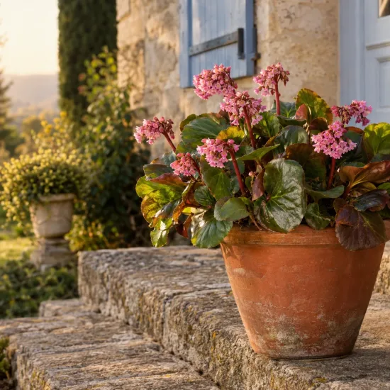 Bergénie à feuilles cordées (Bergenia cordifolia) — plante fleurie en pot sur marche en pierre · Photo d'illustration