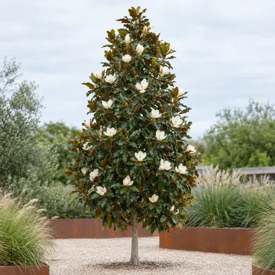 Magnolia 'Kay parris' (Magnolia grandiflora) — arbre isolé fleuri dans un jardin minéral