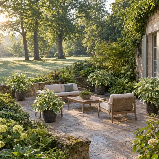 Fatsia 'Variegata' (Fatsia japonica) — terrasse aménagée avec arbustes en pot et mobilier · Photo d'illustration