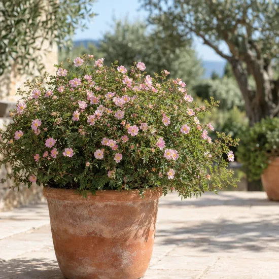 Potentille arbustive rose tendre 'New dawn' (Potentilla fructicosa) — buisson fleuri à petites fleurs roses en pot · Photo d'illustration
