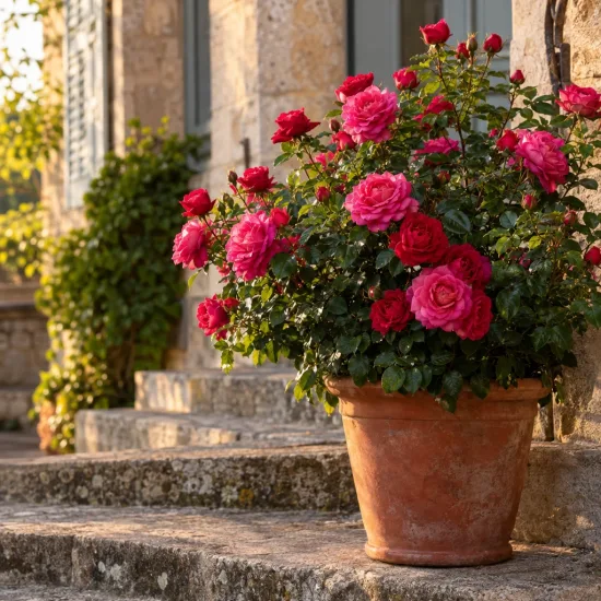 Rosier 'Dominica' (Rosa hybrida) — buisson fleuri en pot sur marches en pierre · Photo d'illustration