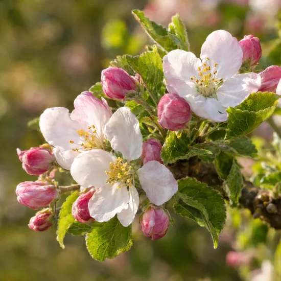 Pommier 'Aniza' (Malus domestica) — fleurs blanches et boutons roses sur branche · Photo d'illustration