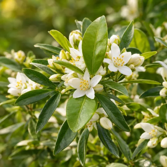 Oranger du mexique 'Greenfingers' (Choisya ternata) — gros plan sur petites fleurs blanches et feuillage