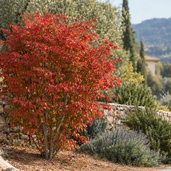 Fusain ailé (Euonymus alatus) — arbuste aux feuilles rouges devant un muret · Photo d'illustration