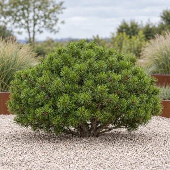 Pin de montagne 'Mughus' (Pinus) — arbuste conifère arrondi sur gravier décoratif · Photo d'illustration