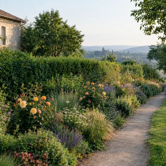 Rosier 'Saint exupery' (Rosa hybrida) — massif fleuri le long d’un chemin de jardin · Photo d'illustration