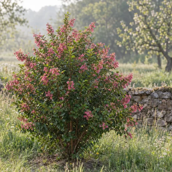Escallonia à fleur rose (Escallonia organiensis) — arbuste buissonnant couvert de nombreuses petites fleurs roses · Photo d'illustration