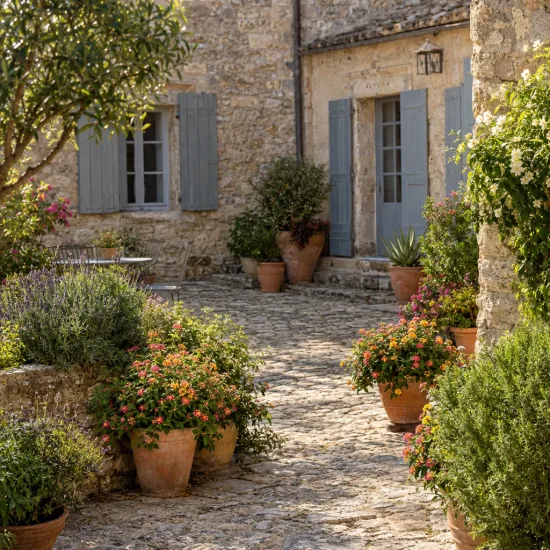 Lantanier (Lantana) — massif de fleurs colorées en pot, cour intérieure · Photo d'illustration