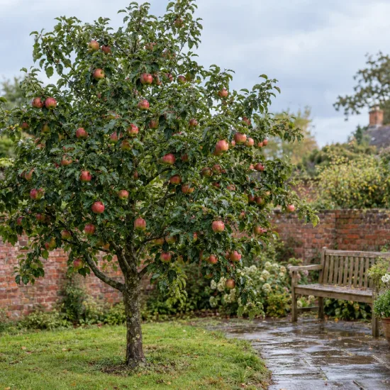 Pommier 'Usta gorria' (Malus domestica) — arbre fruitier avec nombreuses pommes rouges · Photo d'illustration