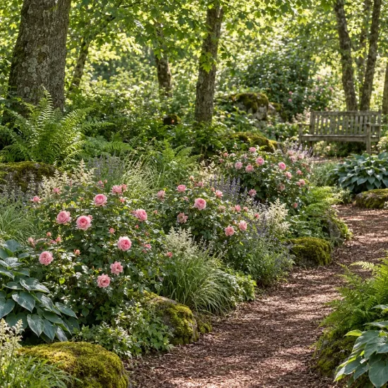 Rosier 'La belle rouet' (Rosa hybrida) — massif de rosiers roses le long d'un sentier · Photo d'illustration