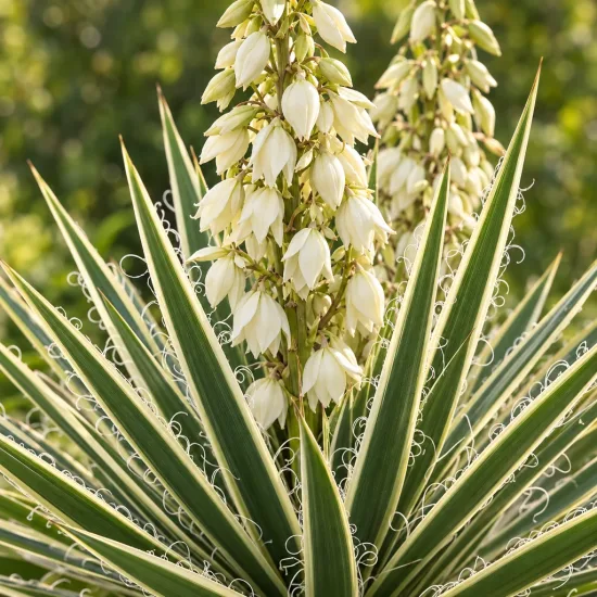 Yucca 'Ivory towers' (Yucca flaccida) — fleurs en clochettes blanches au-dessus de feuilles rubanées