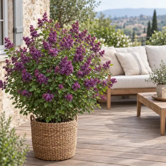 Lilas à petites feuilles 'Dark purple' (Syringa) — arbuste fleuri violet en pot sur terrasse