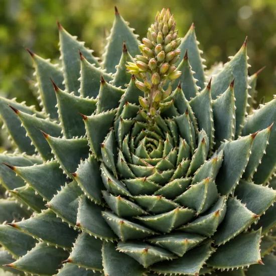 Aloès spirale du lesotho (Aloe polyphylla) — rosette spiralée de feuilles charnues avec hampe florale