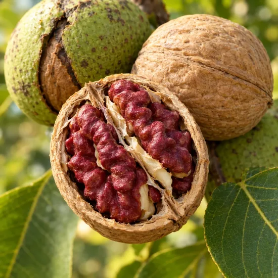 Noyer 'Ruby' (Juglans regia) — noix ouvertes montrant cerneau rouge sur arbre · Photo d'illustration