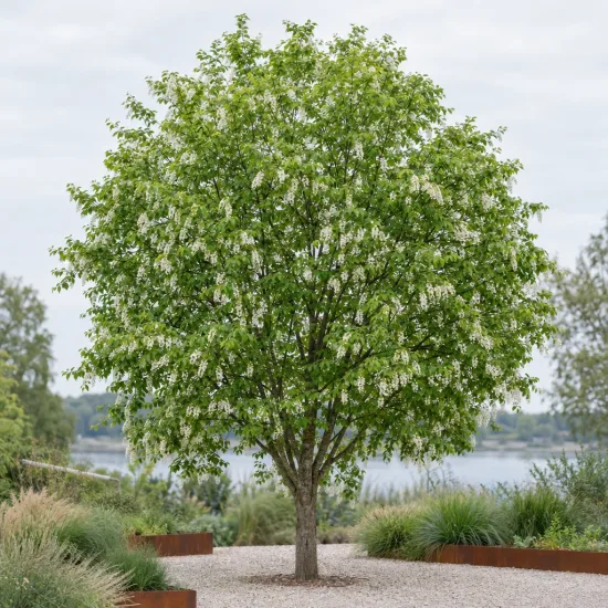 Cerisier à grappes (Prunus padus) — grand arbre fleuri isolé dans un jardin · Photo d'illustration