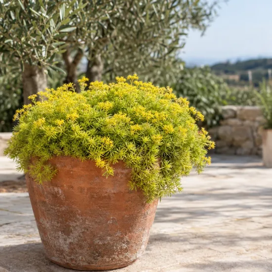 Sedum 'Ball' (Sedum lemon) — couvre-sol jaune en pot sur terrasse ensoleillée · Photo d'illustration