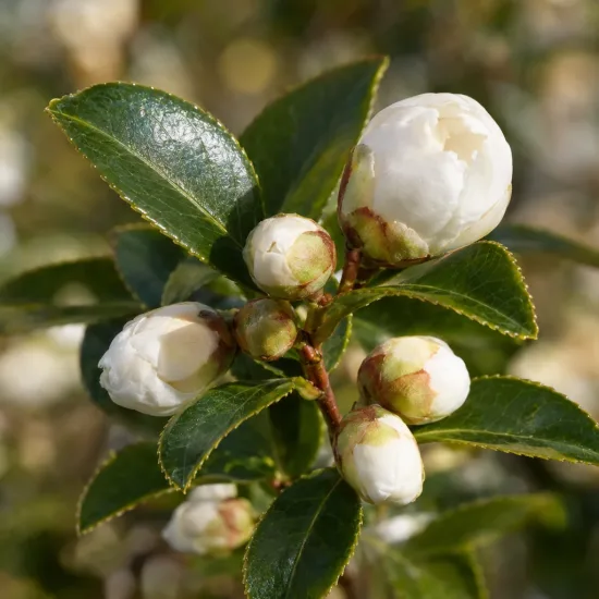 Camelia 'Silver dollar' (Camelia sasanqua) — boutons floraux blancs avec feuillage vert brillant · Photo d'illustration