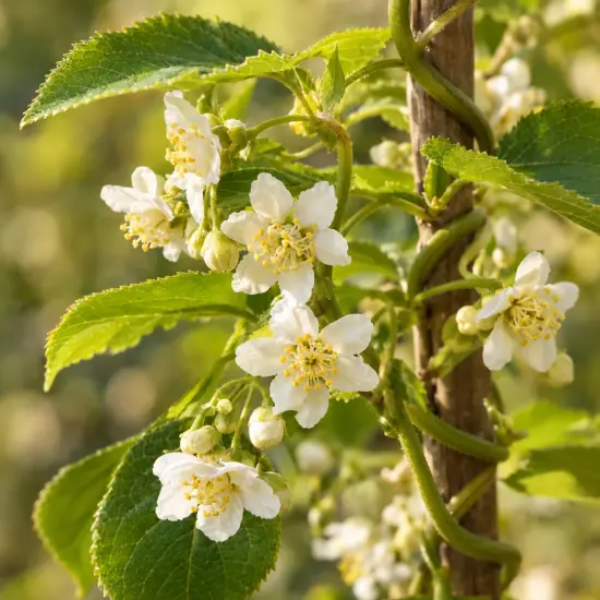 Kiwaï 'Rote potsdamer' (Actinidia arguta) — grappes de petites fleurs blanches sur tiges grimpantes