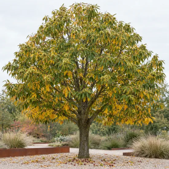 Châtaignier 'Camberoune' (Castanea sativa) — arbre isolé au feuillage vert et jaune · Photo d'illustration