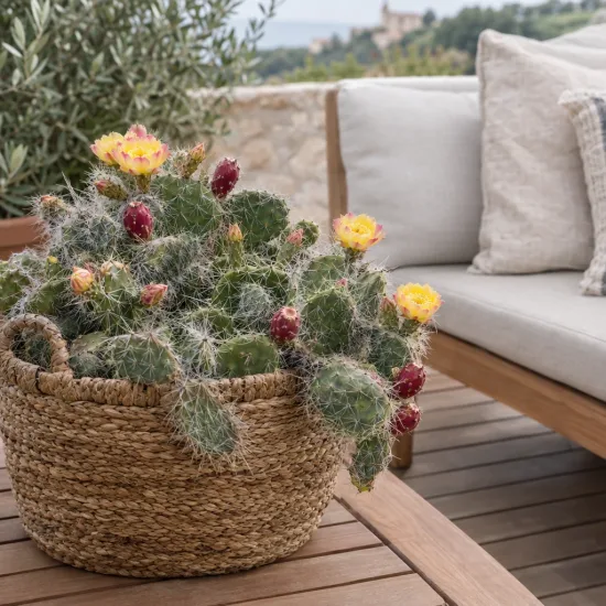 Cactée 'Trichophora' (Opuntia polyacantha) — cactus épineux en fleurs dans panier tressé