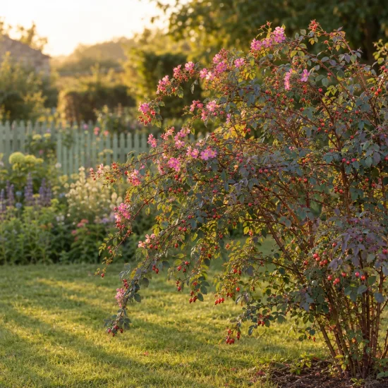 Rosier (Rosa glauca) — arbuste fleuri au bord d’une pelouse ensoleillée · Photo d'illustration