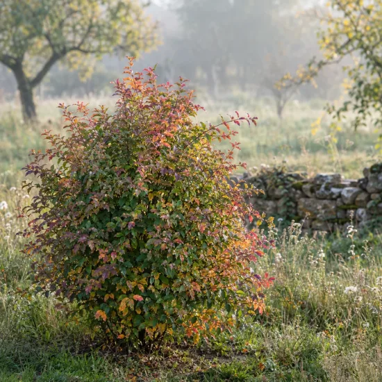 Fusain de fortune 'Coloratus' (Euonymus fortunei) — arbuste arrondi coloré dans prairie légèrement brouillée · Photo d'illustration
