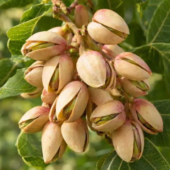 Pistachier vrai 'Sirora' (Pistacia vera) — grappe de fruits mûrs sur branche feuillée