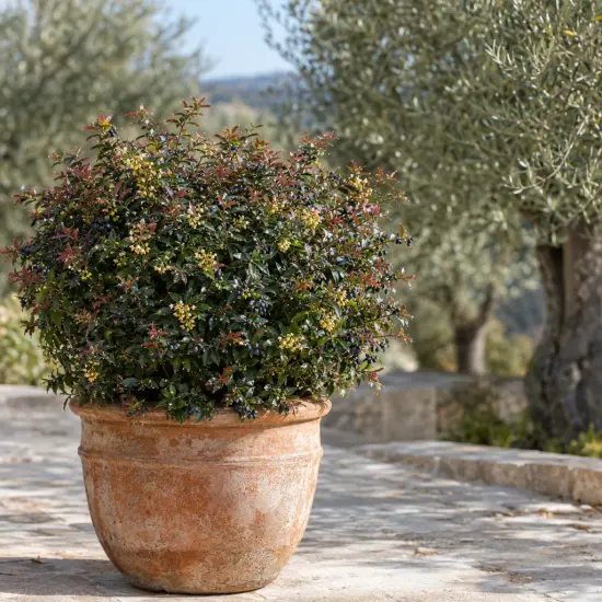Vinettier de frikart 'Amstelveen' (Berberis × frikartii) — arbuste dense en pot sur terrasse ensoleillée