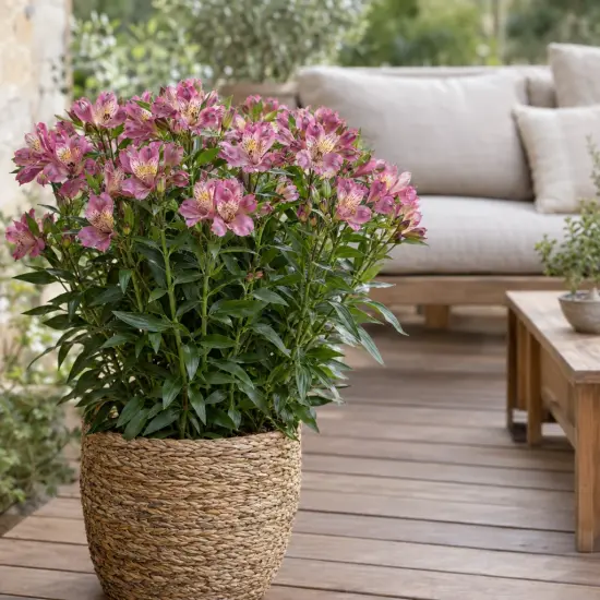 Lys des incas 'Summer saint' (Alstroemeria) — plante fleurie en pot tressé sur terrasse
